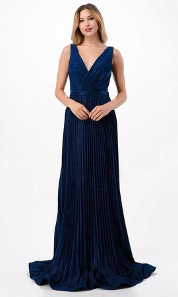 A-line V-neck Floor Length Natural Waistline Pleated Ruched Glittering V Back Back Zipper Sleeveless Evening Dress/Prom Dress with a Brush/Sweep Train