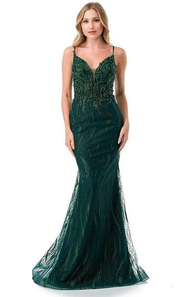 V-neck Natural Waistline Mermaid Plunging Neck Illusion Beaded Open-Back Semi Sheer Back Zipper Spaghetti Strap Prom Dress with a Brush/Sweep Train With Rhinestones