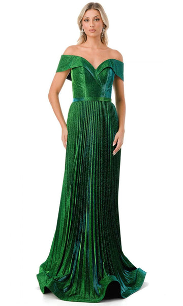 Tall A-line Metallic Elasticized Natural Waistline Off the Shoulder Pleated Glittering Back Zipper Evening Dress with a Brush/Sweep Train