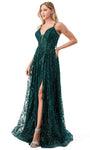 A-line V-neck Slit Lace-Up Illusion Glittering General Print Natural Waistline Spaghetti Strap Plunging Neck Evening Dress/Prom Dress with a Brush/Sweep Train