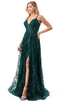 A-line V-neck General Print Spaghetti Strap Lace-Up Glittering Slit Illusion Natural Waistline Plunging Neck Evening Dress/Prom Dress with a Brush/Sweep Train