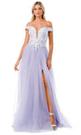 Sexy A-line Tulle Plunging Neck Natural Waistline Sequined Glittering Lace-Up Sheer Slit Illusion Off the Shoulder Prom Dress with a Brush/Sweep Train