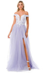 Sexy A-line Off the Shoulder Slit Sheer Illusion Lace-Up Glittering Sequined Natural Waistline Plunging Neck Tulle Prom Dress with a Brush/Sweep Train