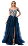 Sexy A-line Off the Shoulder Natural Waistline Plunging Neck Tulle Glittering Sequined Lace-Up Sheer Illusion Slit Prom Dress with a Brush/Sweep Train