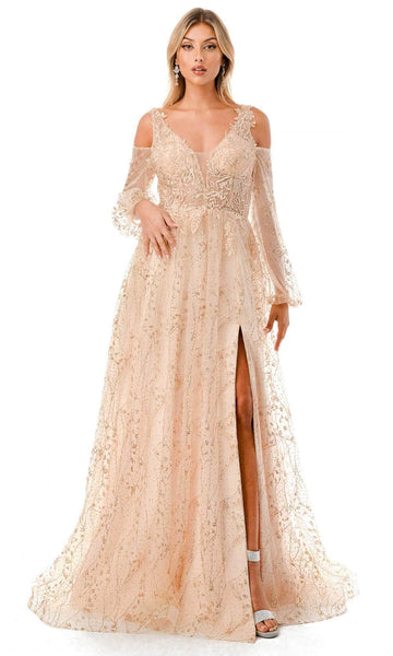 A-line V-neck Cold Shoulder Long Sleeves Natural Waistline Open-Back Applique Back Zipper Illusion Sheer Slit Glittering Lace Evening Dress with a Brush/Sweep Train With Rhinestones