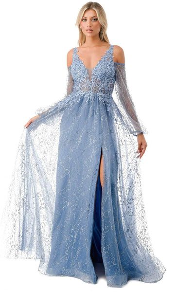 A-line V-neck Lace Natural Waistline Cold Shoulder Long Sleeves Illusion Slit Sheer Open-Back Back Zipper Applique Glittering Evening Dress with a Brush/Sweep Train With Rhinestones