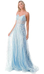 Sophisticated A-line V-neck Sleeveless Tulle Embroidered Open-Back Back Zipper Belted Fitted Natural Waistline Prom Dress