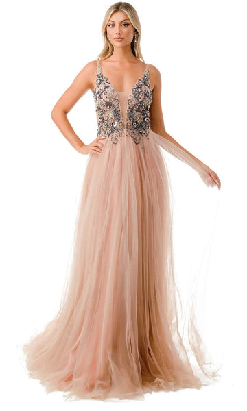 A-line V-neck Natural Waistline Sleeveless Plunging Neck Back Zipper Beaded Open-Back Slit Illusion Prom Dress with a Brush/Sweep Train