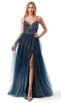 A-line V-neck Natural Waistline Tulle Beaded Glittering Open-Back Slit Back Zipper Spaghetti Strap Prom Dress with a Brush/Sweep Train