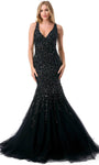 V-neck Sleeveless Floor Length Open-Back Beaded V Back Cutout Back Zipper Natural Waistline Mermaid Evening Dress with a Brush/Sweep Train