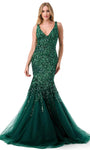 V-neck Back Zipper Cutout V Back Open-Back Beaded Floor Length Mermaid Natural Waistline Sleeveless Evening Dress with a Brush/Sweep Train