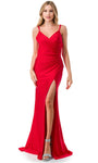 V-neck Floor Length Open-Back Ruched Slit Sleeveless Spaghetti Strap Natural Waistline Sheath Sheath Dress/Evening Dress with a Brush/Sweep Train