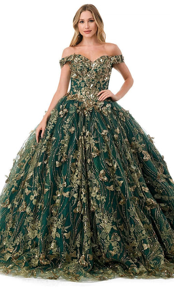 Floor Length Sequined Beaded Applique Off the Shoulder Floral Print Basque Corset Waistline Sweetheart Dress with a Brush/Sweep Train