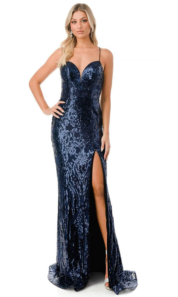 Sophisticated Lace-Up Sequined Slit Sweetheart Spaghetti Strap Sheath Natural Waistline Sheath Dress/Prom Dress with a Brush/Sweep Train