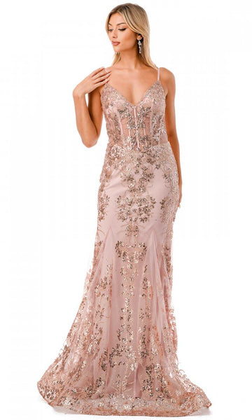 V-neck Sleeveless Spaghetti Strap Basque Corset Waistline Illusion Sheer Open-Back Glittering Fitted Sequined V Back Back Zipper Mermaid Evening Dress with a Brush/Sweep Train