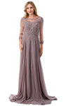 A-line Floor Length Scoop Neck 3/4 Sleeves Back Zipper Sheer Back Beaded Sheer Illusion Applique Natural Waistline Evening Dress with a Brush/Sweep Train