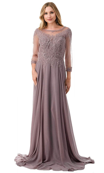 A-line Scoop Neck Natural Waistline Sheer Applique Beaded Back Zipper Sheer Back Illusion Floor Length 3/4 Sleeves Evening Dress with a Brush/Sweep Train