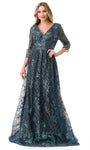 Modest A-line V-neck Lace General Print Natural Waistline Glittering Illusion Back Zipper Sheer Back Applique Floor Length Evening Dress with a Brush/Sweep Train