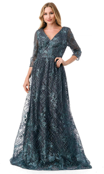 Modest A-line V-neck Sheer Back Applique Glittering Back Zipper Illusion Lace General Print Natural Waistline Floor Length Evening Dress with a Brush/Sweep Train