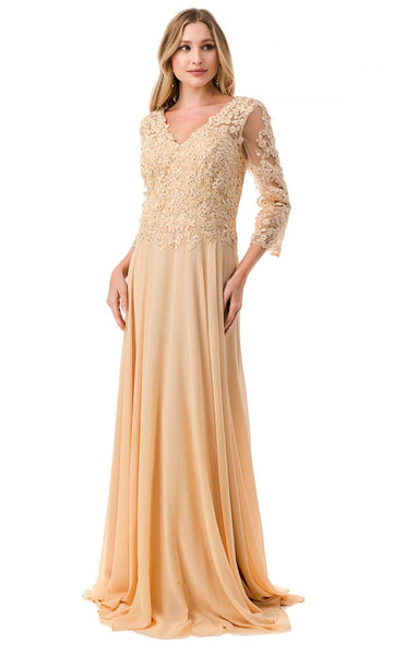 Modest A-line V-neck Natural Waistline Lace Floor Length Fitted Flowy Beaded Applique Illusion Back Zipper Sheer Evening Dress with a Brush/Sweep Train
