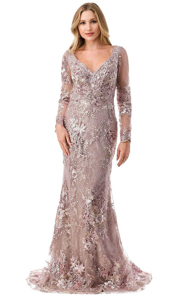 V-neck Applique Back Zipper Illusion Embroidered Beaded Lace Long Sleeves Mermaid Floral Print Natural Waistline Evening Dress with a Brush/Sweep Train