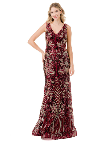 Sophisticated V-neck General Print Natural Waistline Back Zipper Open-Back Sequined Mermaid Sleeveless Evening Dress with a Brush/Sweep Train