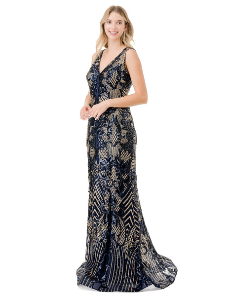 Sophisticated V-neck Back Zipper Sequined Open-Back Sleeveless General Print Natural Waistline Mermaid Evening Dress with a Brush/Sweep Train
