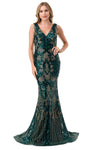 Sophisticated V-neck Back Zipper Sequined Open-Back Sleeveless General Print Mermaid Natural Waistline Evening Dress with a Brush/Sweep Train