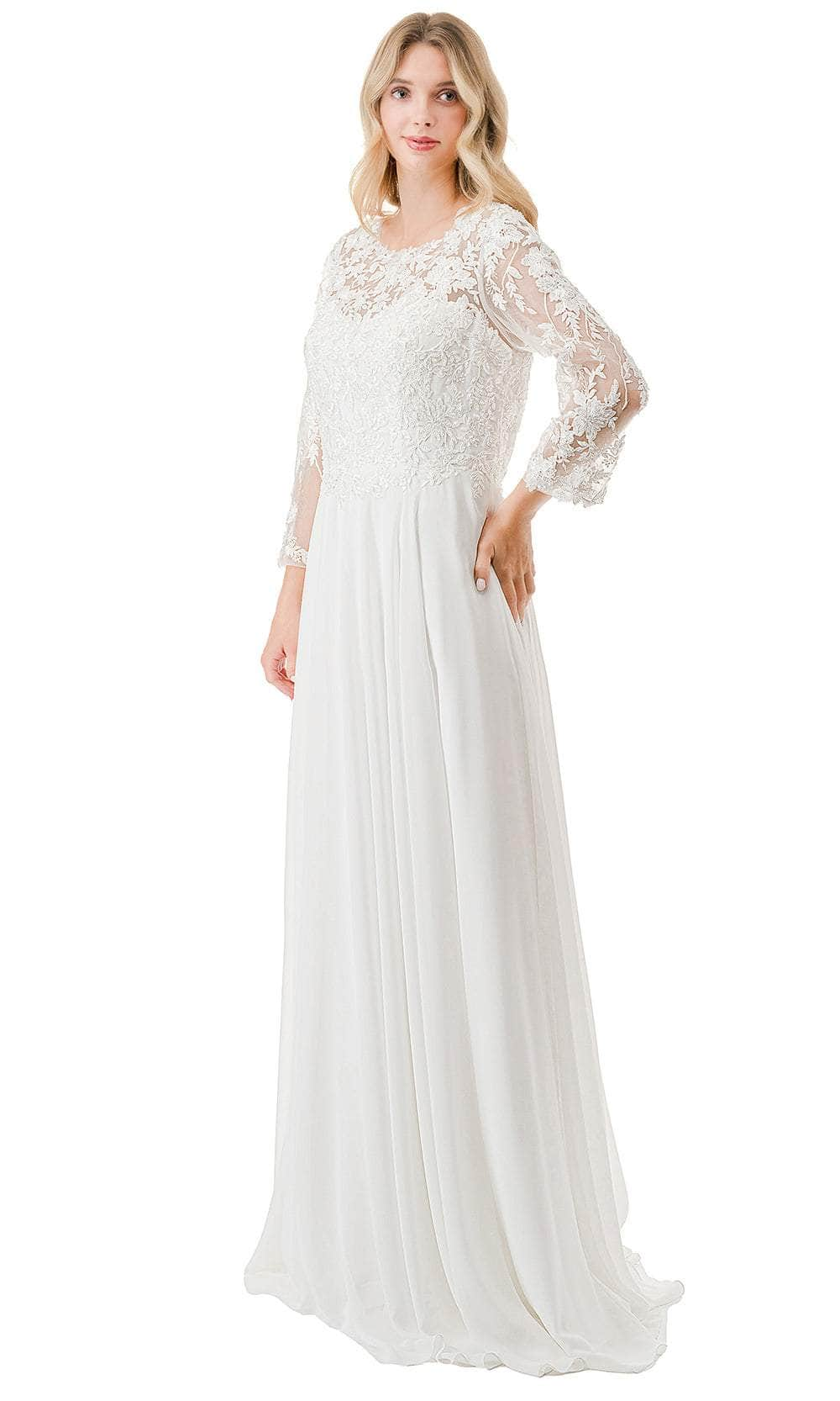 Aspeed Design M2838Y - Quarter Sleeve Beaded Lace Evening Dress
