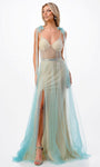 Sophisticated V-neck Back Zipper Slit Illusion Sheer Beaded Mermaid Natural Waistline Prom Dress with a Brush/Sweep Train