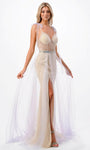 Sophisticated V-neck Back Zipper Slit Beaded Illusion Sheer Mermaid Natural Waistline Prom Dress with a Brush/Sweep Train