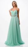 A-line V-neck Sleeveless Spaghetti Strap Sweetheart Belted Back Zipper Beaded Open-Back Natural Waistline Prom Dress with a Brush/Sweep Train