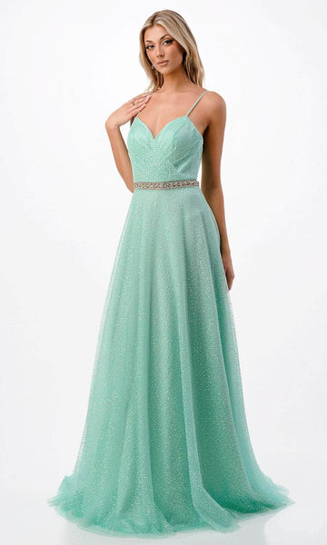 A-line V-neck Natural Waistline Sweetheart Sleeveless Spaghetti Strap Open-Back Belted Beaded Back Zipper Prom Dress with a Brush/Sweep Train
