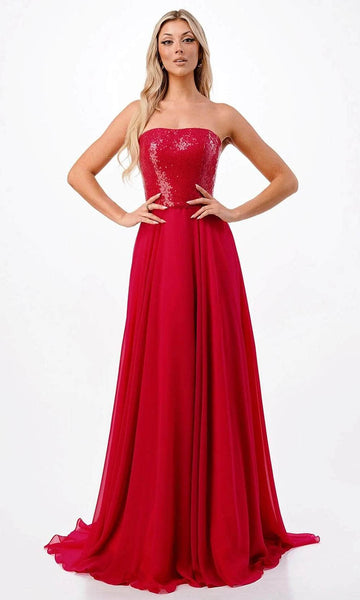 Sophisticated A-line Strapless Straight Neck Natural Waistline Sequined Lace-Up Evening Dress with a Brush/Sweep Train