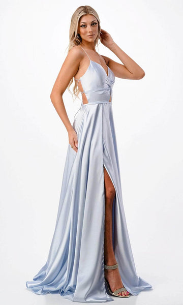 Sexy A-line Floor Length Cutout Self Tie Backless Ruched Slit Pocketed Lace-Up Natural Waistline Sweetheart Sleeveless Spaghetti Strap Satin Prom Dress with a Brush/Sweep Train