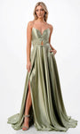 Sexy A-line Natural Waistline Satin Sleeveless Spaghetti Strap Sweetheart Floor Length Cutout Slit Ruched Self Tie Pocketed Lace-Up Backless Prom Dress with a Brush/Sweep Train