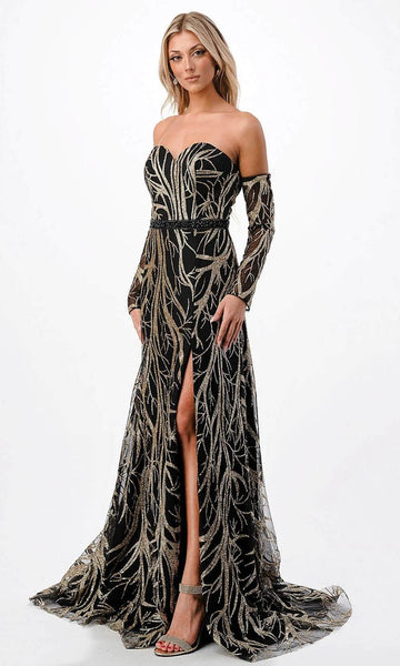 A-line Strapless Natural Waistline General Print Long Sleeves Beaded Slit Back Zipper Glittering Sweetheart Evening Dress with a Brush/Sweep Train
