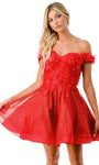 A-line Sweetheart Cap Sleeves Off the Shoulder Cocktail Above the Knee Beaded Glittering Lace-Up Applique Floral Print Corset Natural Waistline Dress