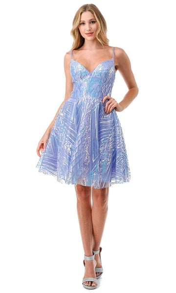 A-line V-neck Spaghetti Strap General Print Corset Natural Waistline Short Sequined Homecoming Dress