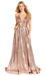 A-line V-neck Natural Waistline Backless Slit Sequined Halter Fall Sleeveless Spaghetti Strap Prom Dress with a Brush/Sweep Train