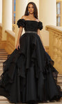 Hidden Back Zipper Beaded Tiered Fitted Shirred Natural Waistline Puff Sleeves Sleeves Off the Shoulder Ball Gown Dress with a Court Train With Ruffles