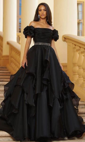 Puff Sleeves Sleeves Off the Shoulder Shirred Tiered Hidden Back Zipper Fitted Beaded Natural Waistline Ball Gown Dress with a Court Train With Ruffles