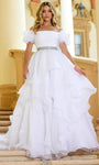 Shirred Fitted Tiered Hidden Back Zipper Beaded Natural Waistline Puff Sleeves Sleeves Off the Shoulder Ball Gown Dress with a Court Train With Ruffles