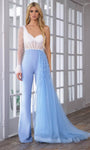 Long Sleeves One Shoulder Corset Natural Waistline Illusion Fitted Beaded Sheer Asymmetric Tulle Jumpsuit