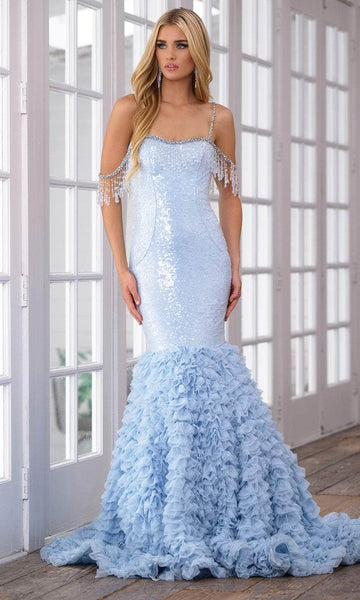 Natural Waistline Floor Length Back Zipper Crystal Sequined Mermaid Cold Shoulder Sleeves Off the Shoulder Prom Dress With Ruffles