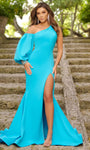 Sexy Mermaid Natural Waistline Puff Sleeves Sleeves One Shoulder Ruched Slit Asymmetric Hidden Back Zipper Beaded Open-Back Prom Dress with a Brush/Sweep Train