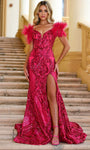 Sophisticated Sequined Slit Off the Shoulder Corset Natural Waistline Mermaid Evening Dress with a Brush/Sweep Train