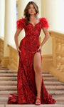 Sophisticated Mermaid Off the Shoulder Slit Sequined Corset Natural Waistline Evening Dress with a Brush/Sweep Train