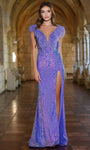 V-neck Open-Back Illusion Beaded Hidden Back Zipper Slit Sequined Mermaid Natural Waistline Plunging Neck Prom Dress with a Brush/Sweep Train