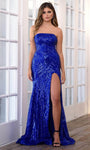 Sophisticated Strapless Natural Waistline Hidden Back Zipper Slit Sequined Straight Neck Mermaid Evening Dress/Prom Dress with a Brush/Sweep Train